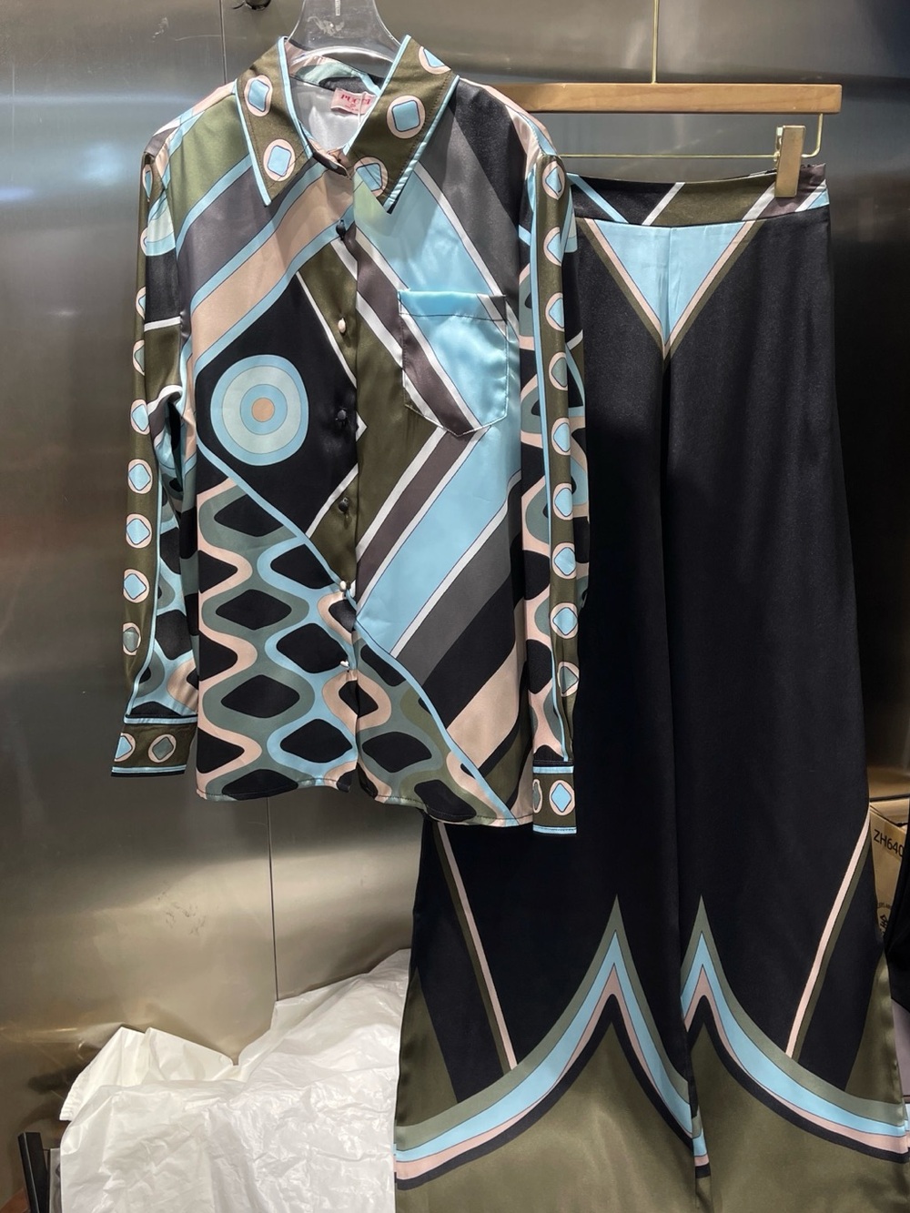 Emilio Pucci Aqua, Olive & Black Geometric Silk Maxi Skirt Set